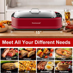 Techwood - Parrilla sin humo para interiores, parrilla eléctrica para interiores de 1500 W con tapa de vidrio templado, barbacoa coreana antiadherente portátil, tecnología de extracción de humo turbo, bandeja de goteo y placa extraíble doble, rojo