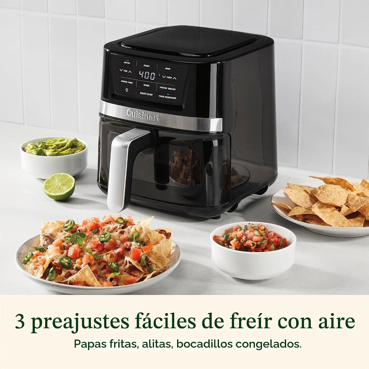 Cuisinart Freidora de aire, freidora compacta de 2.6 cuartos de galón con 3 funciones de cocción para freír al aire, asar y hornear, 3 ajustes preestablecidos para freidora de aire, piezas aptas para lavavajillas, AIR-80, acero inoxidable y negro