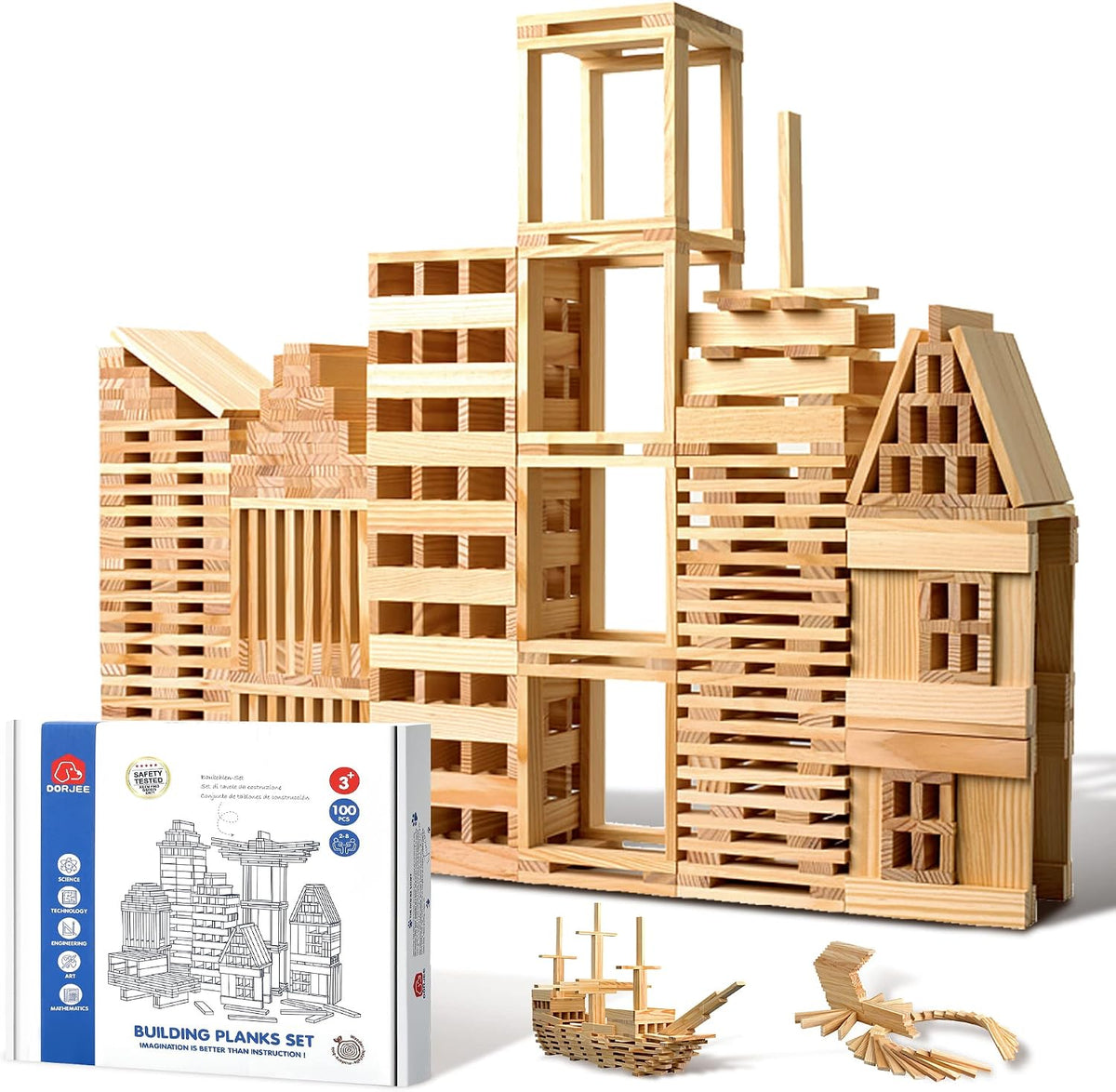 Juego de 100 piezas de bloques de construcción clásicos de madera, juguetes de construcción STEM sólidos para niños, juguetes Montessori de aprendizaje preescolar para niños pequeños, regalo