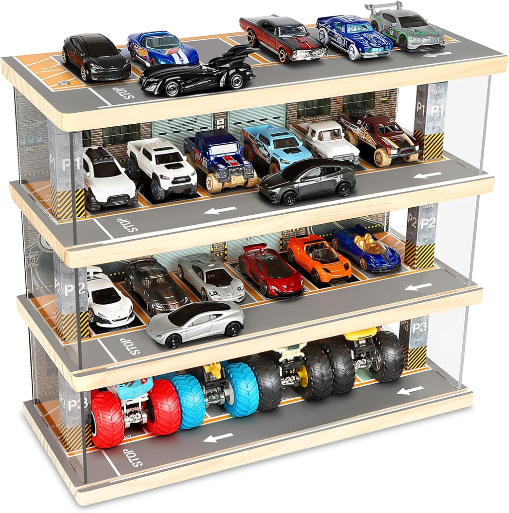 Saichotoy Display Case para Hot Wheels, Lighted 4-Tier Wooden Garage Storage