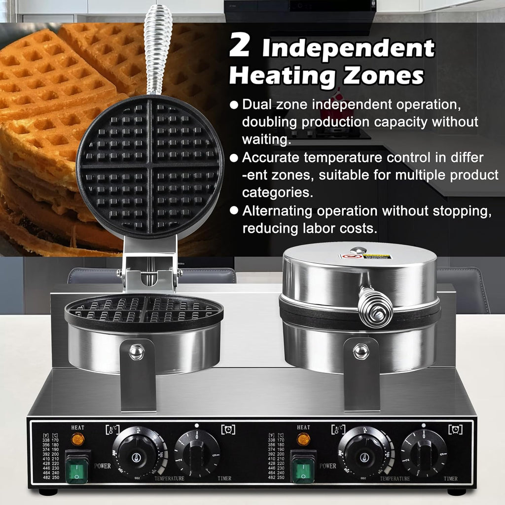 Máquina de gofres doble comercial de 110 V y 2600 W, antiadherente, de acero inoxidable, para restaurante, fiesta, puesto de alimentos, panadería, cafetería, bar, familia