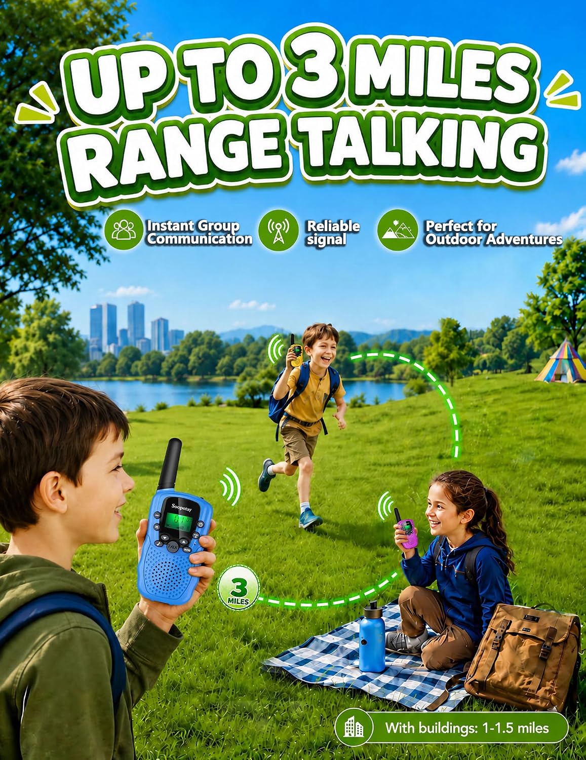 Rechargeable Walkie Talkies para Kids 3 Pack, Walkie Talkie Toys para Girls Boys, Outdoor Toys/Outside Camping Games para Kids Age 4-8-12, Birthday Gifts para 4 5 6 7 8 9 10 Year Old (Blue Pink Green)