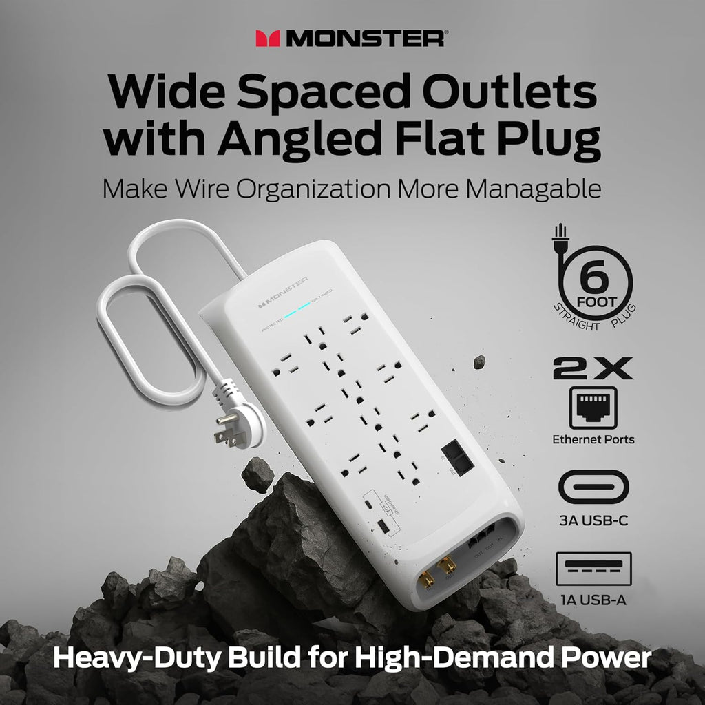 Monster Power Surge Protector w/ 4050 Joule Rating — Heavy Duty 6 FT Surge Protector Power Strip w/ 12 Outlets, 2 USB, 2 Coax, 2 Ethernet puertos — Fireproof MOV, Dual Mode, Clean Tech (blanco)