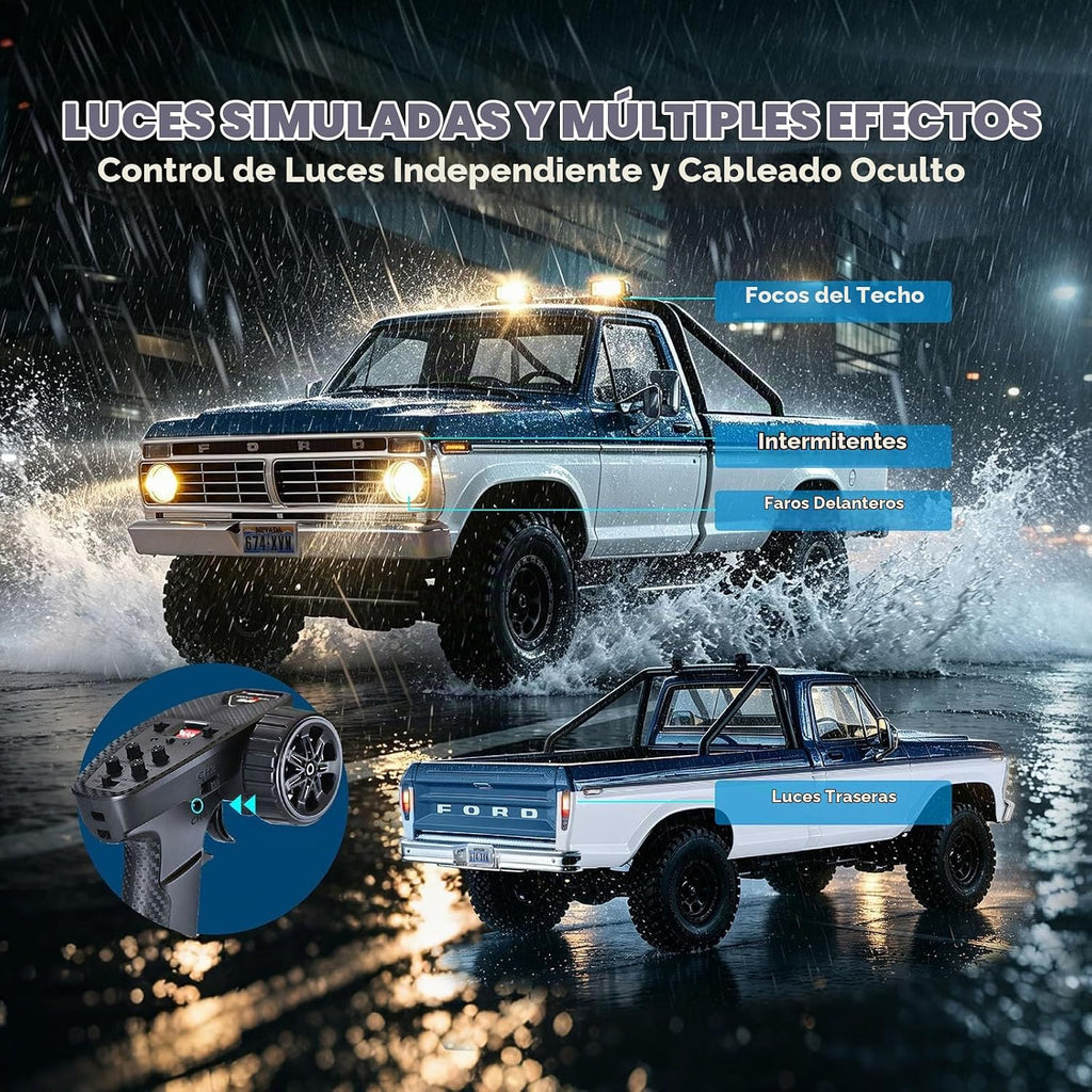 BEEZRC FMS FCX18 II Ford F-100 - Rastreador RC con licencia oficial, camión magnético de liberación rápida a control remoto, chasis LCG, oruga todoterreno para adultos, RTR cepillado (distancia entre