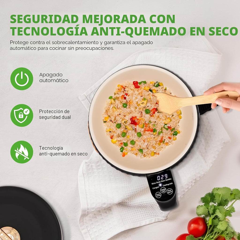 NutriChef Arrocera eléctrica portátil de 1.6 cuartos y máquina de almuerzo | Revestimiento de cerámica multifuncional y antiadherente | Panel de control digital | 6 funciones de cocción: arroz, sopa