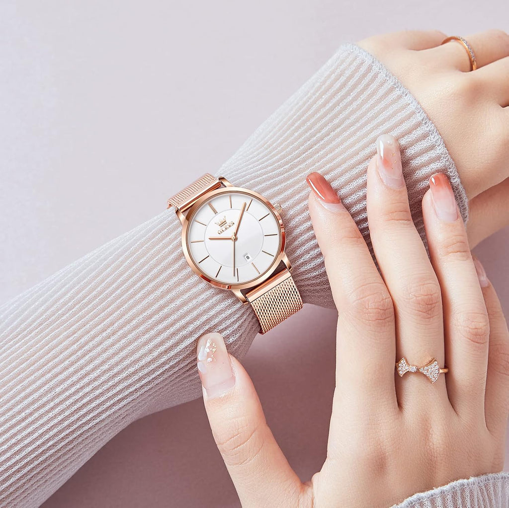 OLEVS Reloj de pulsera de malla para mujer, elegante cara grande de tres manecillas analógicas de cuarzo, reloj de pulsera femenino elegante y delgado con pantalla de fecha impermeable, relojes para