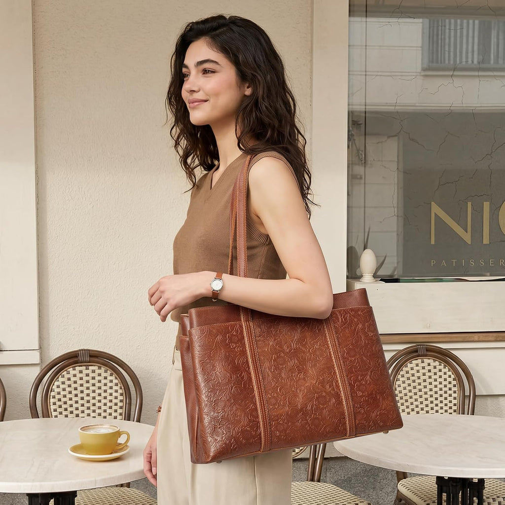 S-ZONE Bolso de mano de cuero para mujer, bolsos grandes de hombro para viajes de trabajo, bolsos de cuero genuino, patrón de rosas