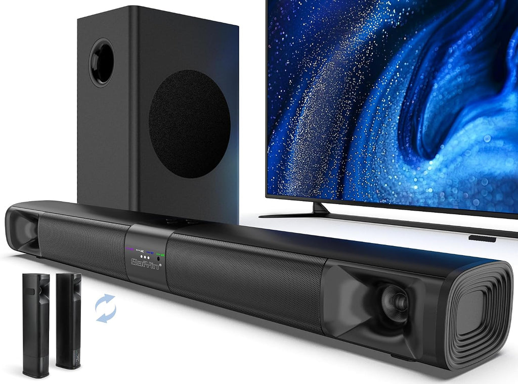 Saiyin Barra de sonido para Smart TV con subwoofer, barra de sonido desmontable de 100 W, sistema de teatro en casa con sonido envolvente para TV con tweeter de bocina, graves ajustables y HDMI-ARC