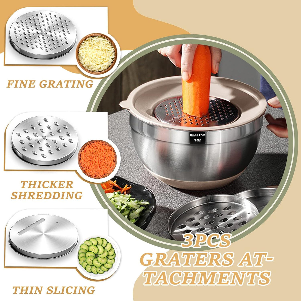 Juego de tazones para mezclar con tapas herméticas, 26 piezas de tazones de acero inoxidable caqui con accesorios para rallador, fondos antideslizantes y juego de utensilios de cocina, tamaños 7, 4