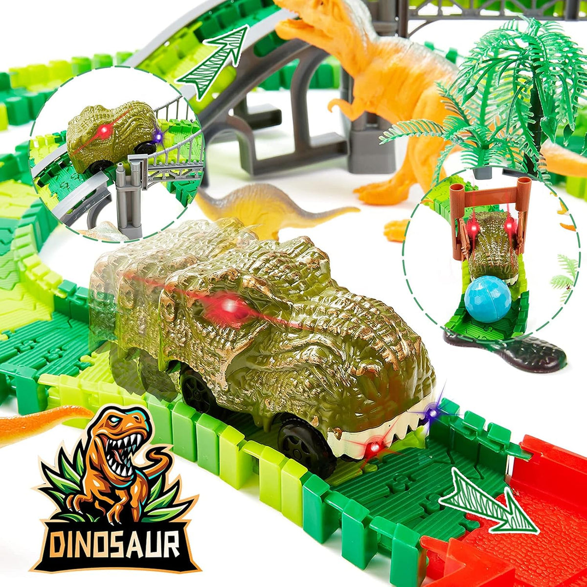 BEMITON Pista de autos de carreras de juguetes de dinosaurios, crea...