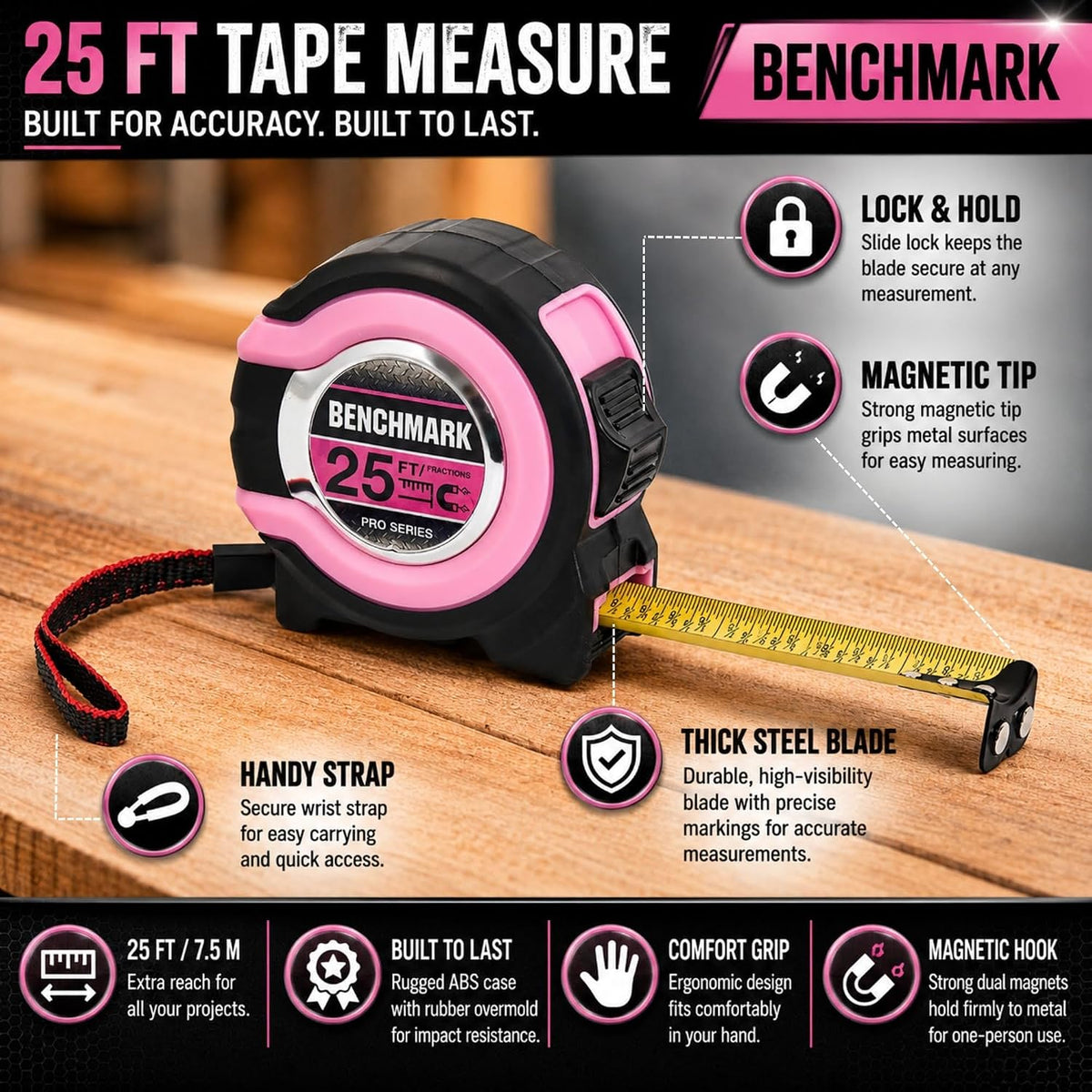 Benchmark - Rosa - Paquete de 3 - Cinta métrica de 25 pies - Fracciones fáciles de leer a 1/8 pulgadas - Punta magnética - Pulgar y bloqueo rápido - Autowind - Clip para cinturón