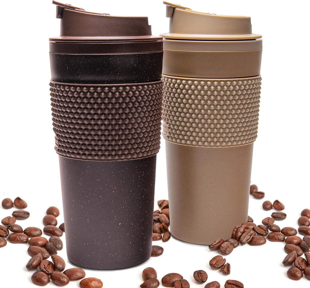 Juego de vasos de café de 16 onzas (paquete de 2) – Taza de viaje aislada de doble pared con tapa a prueba de fugas, apto para portavasos y tazas, taza de café reutilizable sin BPA, apta para lavavajillas y microondas, color marrón