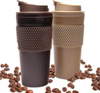 Juego de vasos de café de 16 onzas (paquete de 2) – Taza de viaje aislada de doble pared con tapa a prueba de fugas, apto para portavasos y tazas, taza de café reutilizable sin BPA, apta para lavavajillas y microondas, color marrón