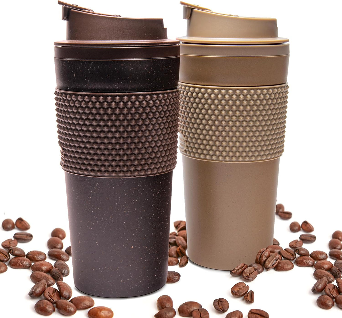 Juego de vasos de café de 16 onzas (paquete de 2) – Taza de viaje aislada de doble pared con tapa a prueba de fugas, apto para portavasos y tazas, taza de café reutilizable sin BPA, apta para lavavajillas y microondas, color marrón