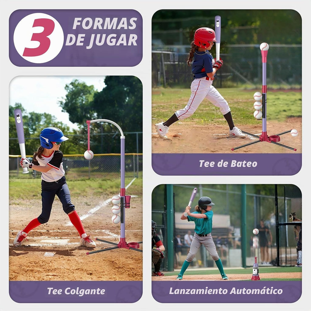 Juego de Pelota T 3 en 1 - Altura Ajustable, Juego de Pelota T Colgante con Máquina de Lanzamiento Automático/6 Pelotas/Bate Retráctil, Soporte de Pelota T Adecuado para Exteriores
