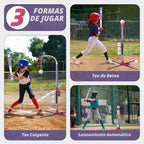 Juego de Pelota T 3 en 1 - Altura Ajustable, Juego de Pelota T Colgante con Máquina de Lanzamiento Automático/6 Pelotas/Bate Retráctil, Soporte de Pelota T Adecuado para Exteriores