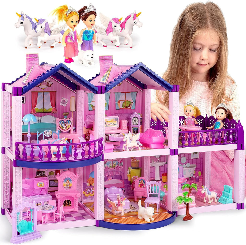 Casa de muñecas con 2 princesas, 4 unicornios, perro, muebles y accesorios – Casa de muñecas de ensueño rosa y morado juguete para niñas pequeñas – 5 habitaciones con jardín, muebles y accesorios