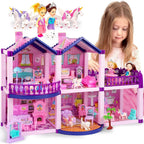 Casa de muñecas con 2 princesas, 4 unicornios, perro, muebles y accesorios – Casa de muñecas de ensueño rosa y morado juguete para niñas pequeñas – 5 habitaciones con jardín, muebles y accesorios