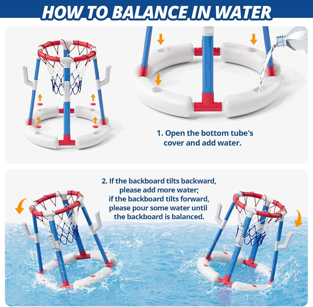 Juego de aro de baloncesto y lanzamiento de anillos 2 en 1 para piscina, base estable antipunta, incluye 4 pelotas de baloncesto, 8 anillos/bomba de bomba, juguetes flotantes de verano para piscina