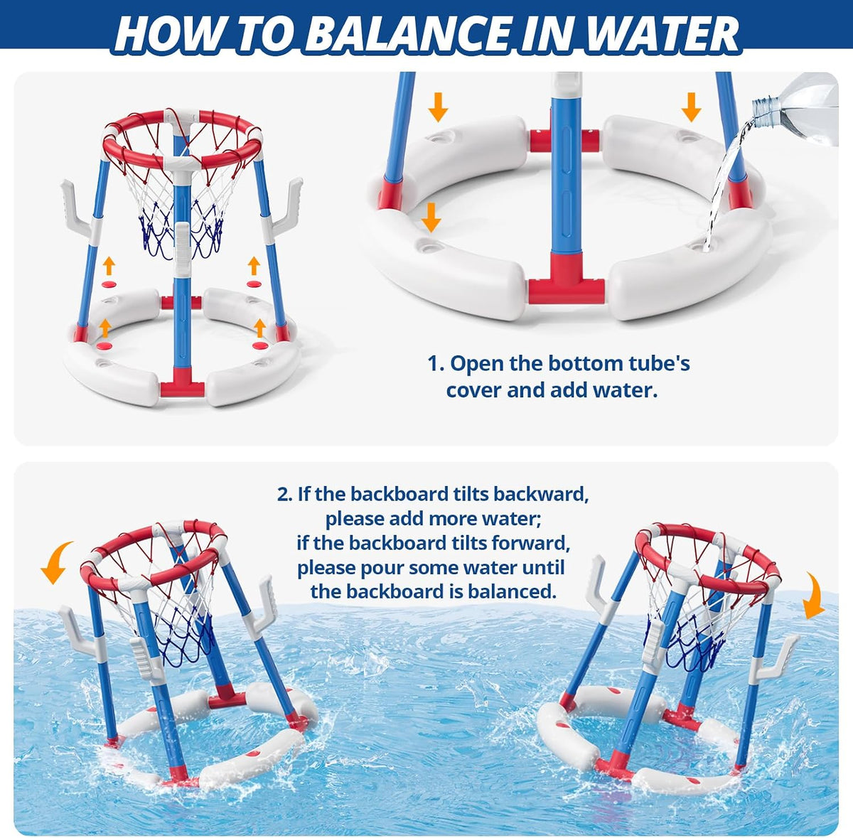 Juego de aro de baloncesto y lanzamiento de anillos 2 en 1 para piscina, base estable antipunta, incluye 4 pelotas de baloncesto, 8 anillos/bomba de bomba, juguetes flotantes de verano para piscina