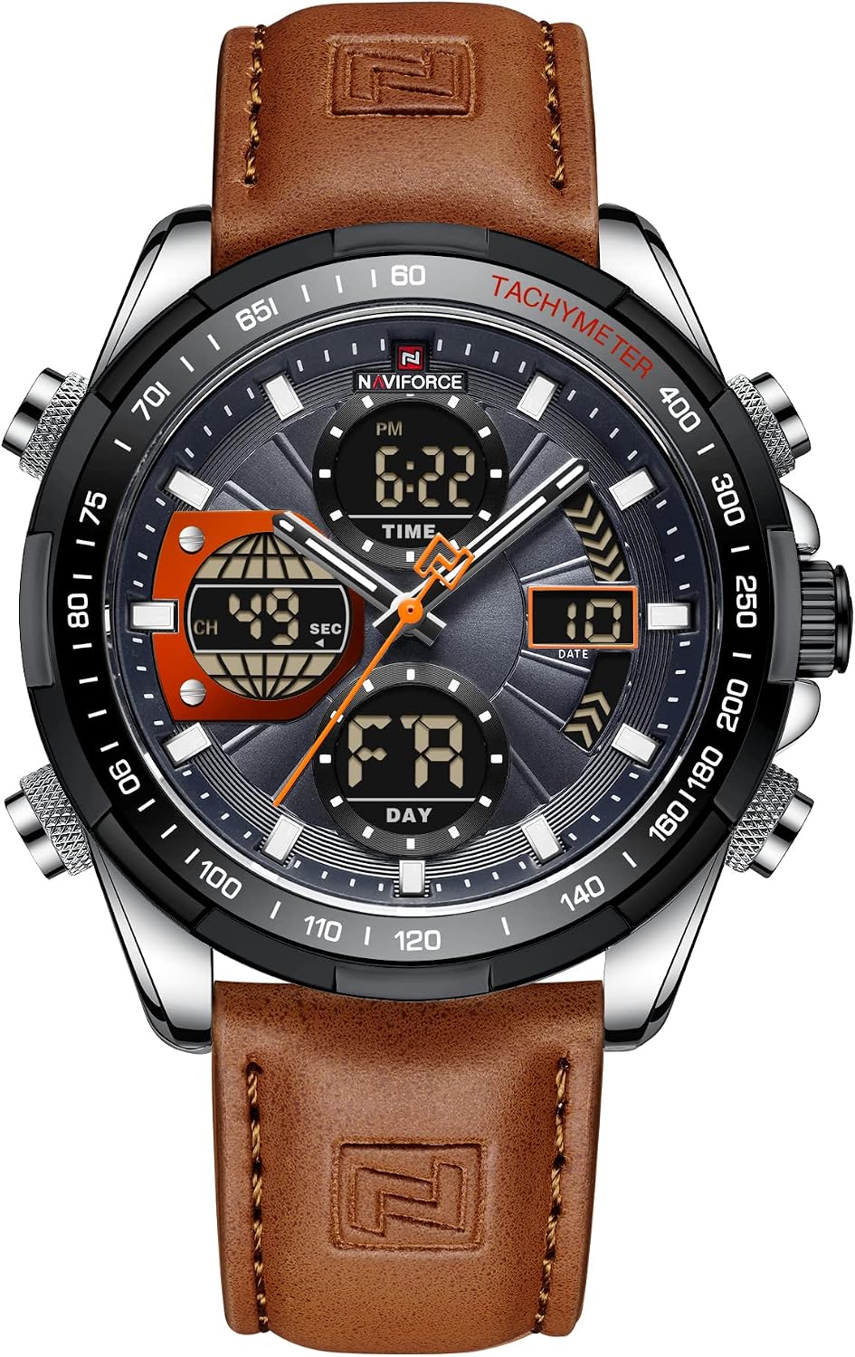 NAVIFORCE Relojes militares digitales para hombre, reloj analógico de cuarzo, resistente al agua, deportivo, multifuncional, correa de cuero, reloj de pulsera