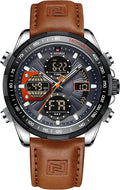 NAVIFORCE Relojes militares digitales para hombre, reloj analógico de cuarzo, resistente al agua, deportivo, multifuncional, correa de cuero, reloj de pulsera