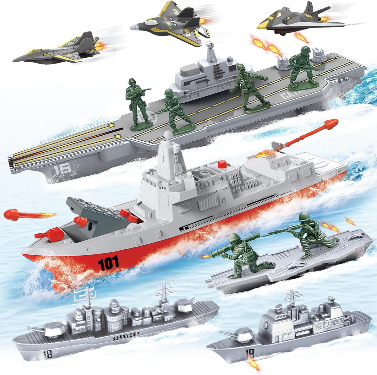 Juego de Juguetes de Portaaviones, Juguetes Militares, Lanza Batalla Naval con 12 Piezas de Soldaditos Verdes, 3 Pequeños Aviones de Juguete, 3 Barcos de Juguete, Juguetes del Ejército para