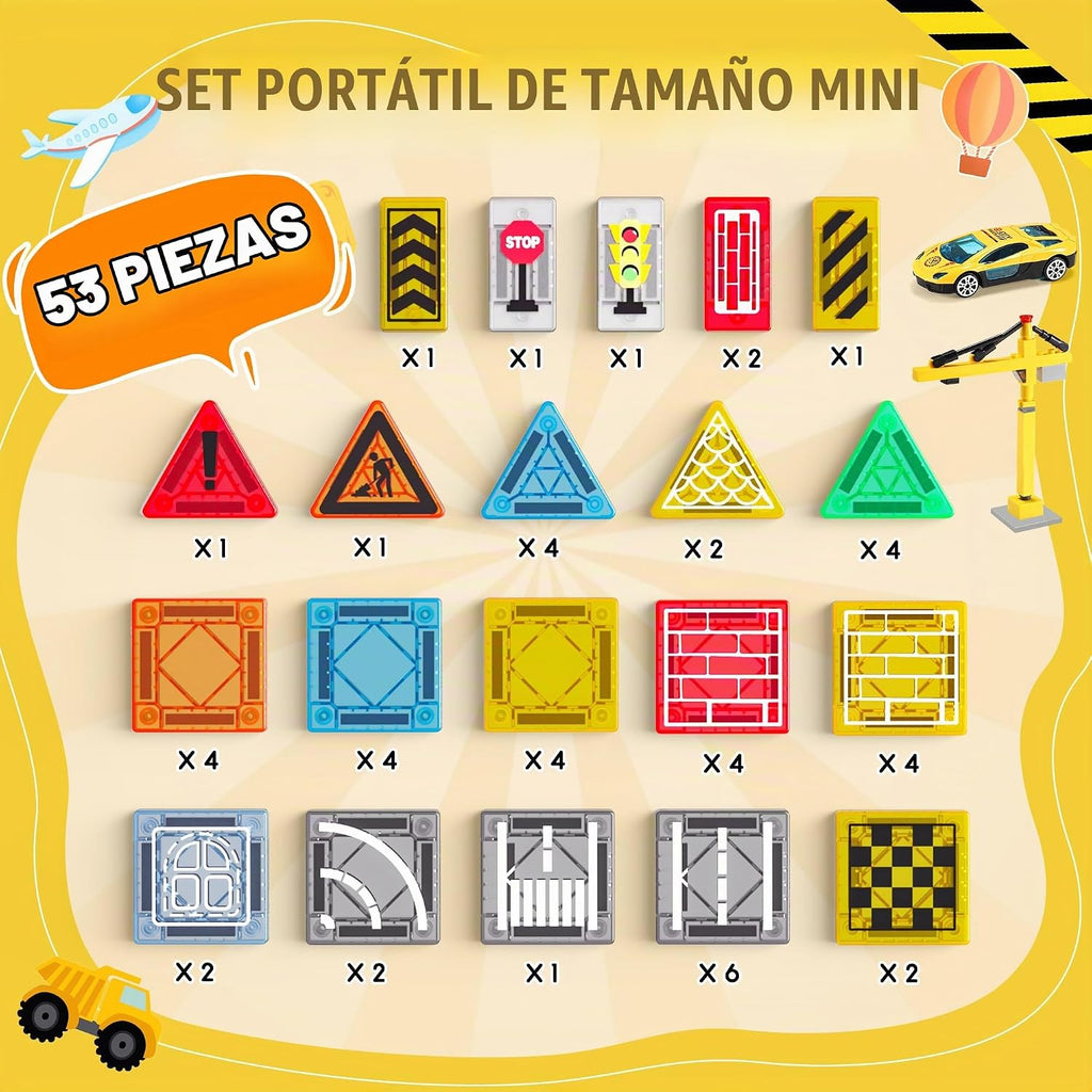 Azulejos magnéticos: juguetes de construcción, juego de viaje al aire libre con grúa magnética y automóvil para niños de 3 a 5 años, 4 a 8 a 10 años, minibloques de construcción magnéticos con grúa