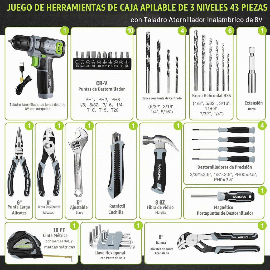 WORKPRO Juego de taladro eléctrico y juego de herramientas, taladro
