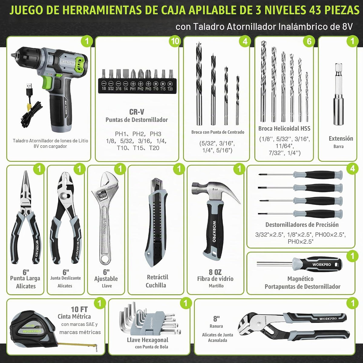 WORKPRO Juego de taladro eléctrico y juego de herramientas, taladro