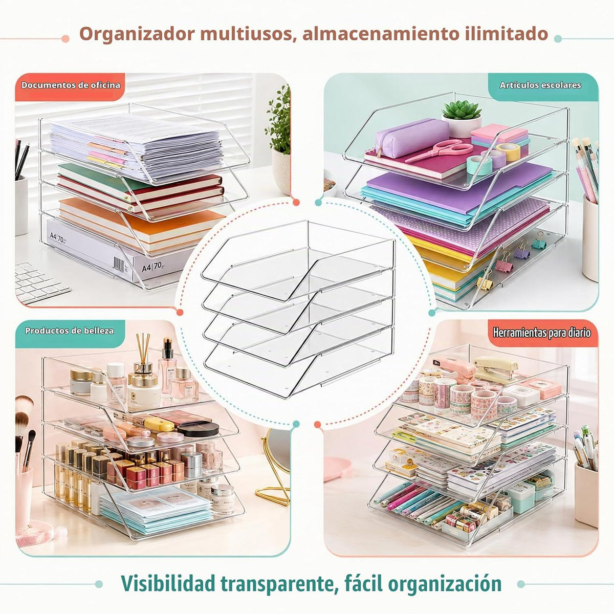 Bandeja organizadora de papel acrílico apilable de 4 niveles para