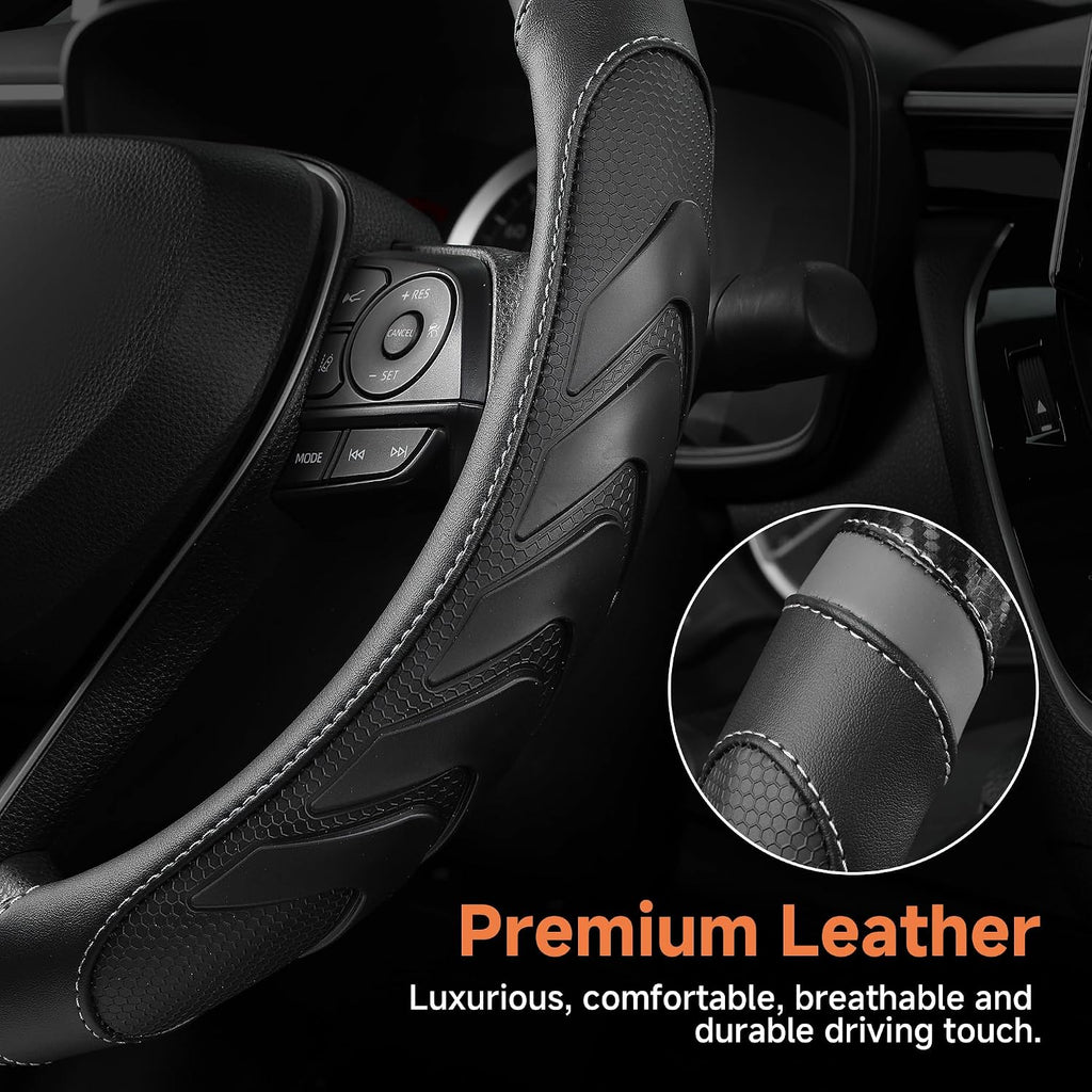 West Llama Funda para volante de piel de fibra de carbono con agarre antideslizante, diseño texturizado 3D, funda para volante de automóvil de 14.5 a 15 pulgadas, accesorio interior duradero (tamaño