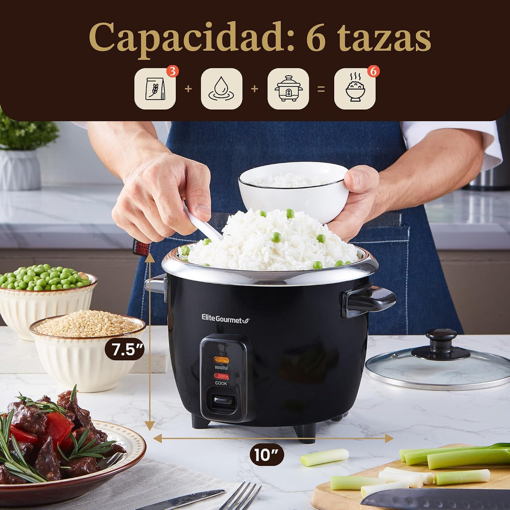 Elite Gourmet ERC006SS - Arrocera eléctrica de 6 tazas con olla interior de acero inoxidable, hace sopas, guisos, papillas, granos y cereales, 6 tazas (3 tazas crudas), color negro