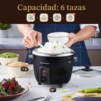Elite Gourmet ERC006SS - Arrocera eléctrica de 6 tazas con olla interior de acero inoxidable, hace sopas, guisos, papillas, granos y cereales, 6 tazas (3 tazas crudas), color negro
