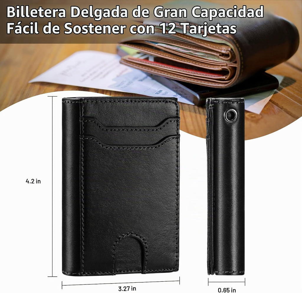 Cartera de cadena de cuero de grano completo: Cartera triple RFID