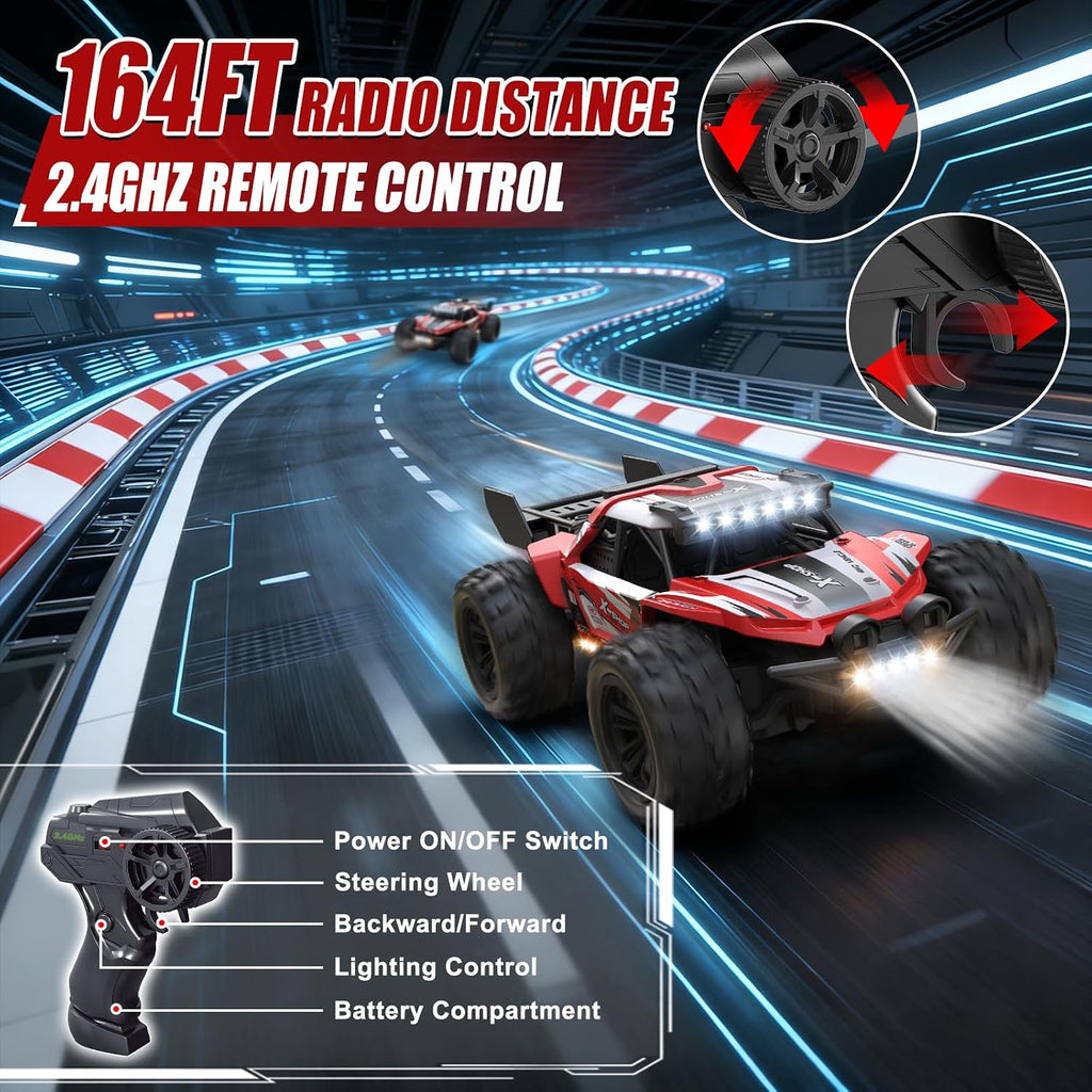 Auto de control remoto, 4WD de alta velocidad 30+KPH RC Cars para niños de 8 a 12 años, 2.4 GHz, camión RC Monster Truck 1:18 con 2 baterías recargables y luces LED, regalos de cumpleaños para