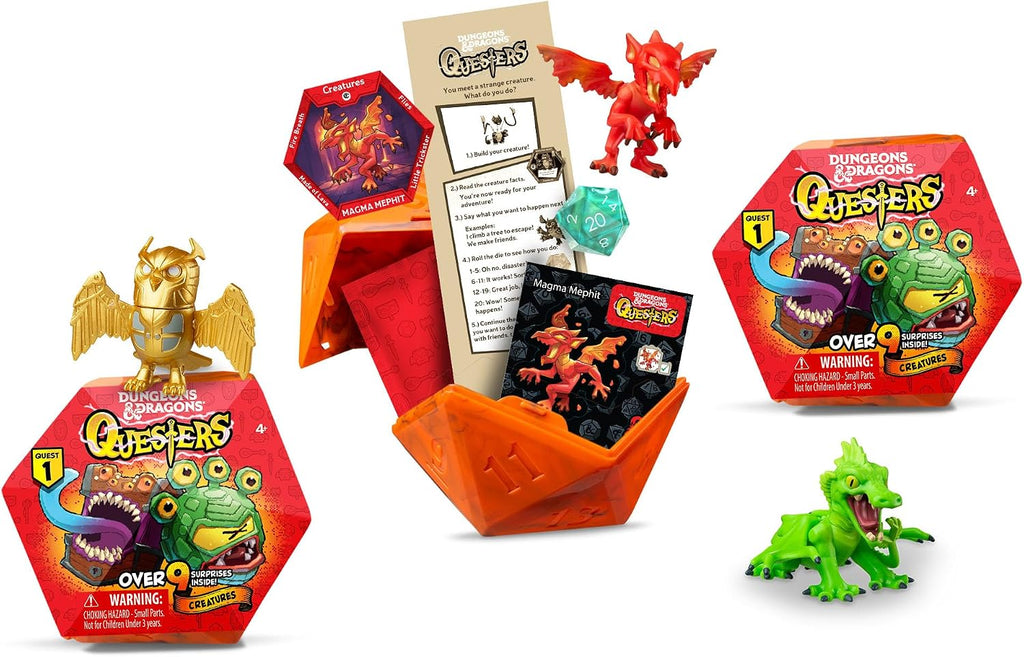 Dungeons & Dragons Questers Figuras de criatura, paquete de 3, figuras coleccionables de juguete de fantasía D&D, Wyrmling verde, Magma Mephit y búho homúnculo