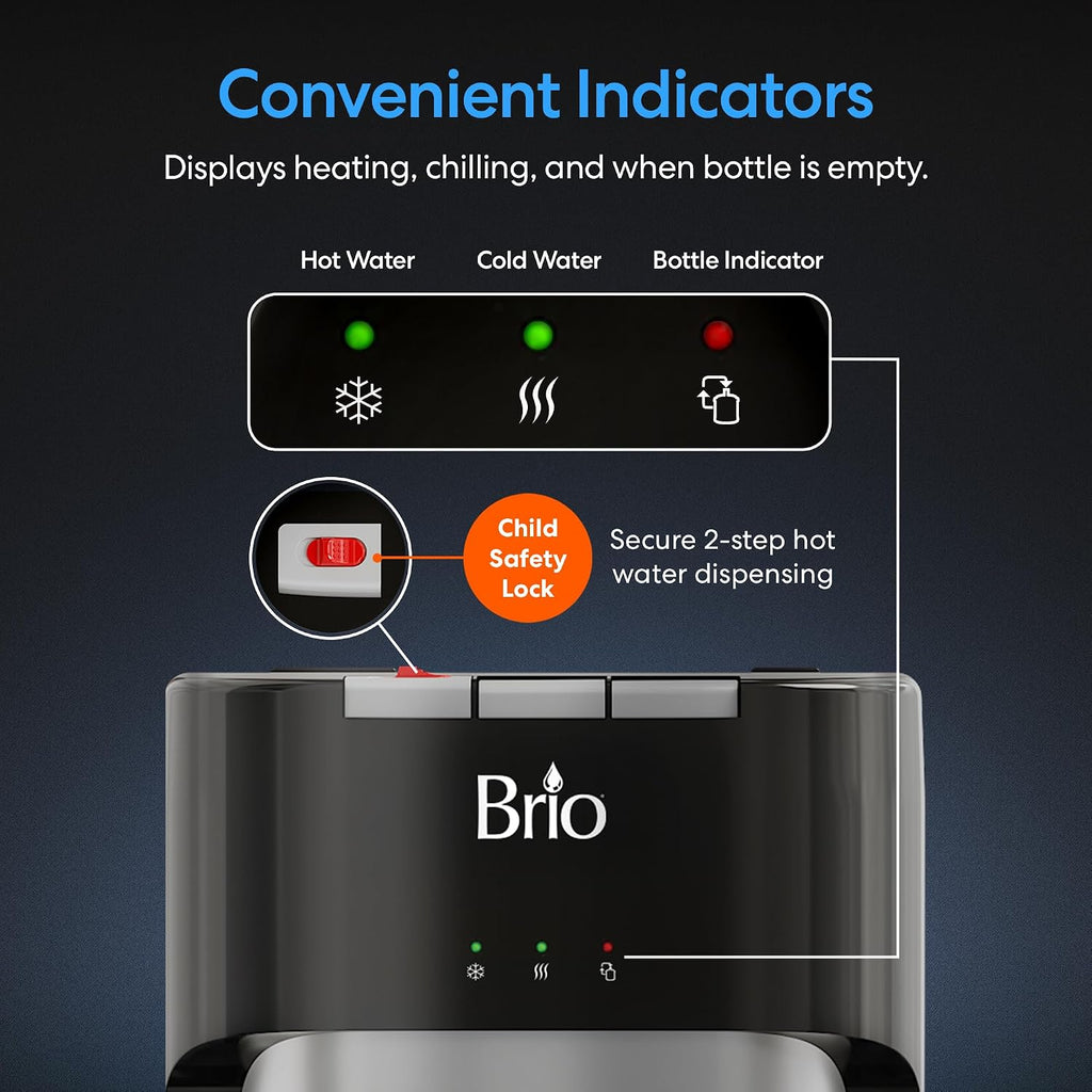 Brio Dispensador enfriador de agua con carga inferior para botellas de 5 galones - 3 temperaturas con salidas caliente, ambiente y fría, cerradura de seguridad para niños, pantalla LED con alerta de