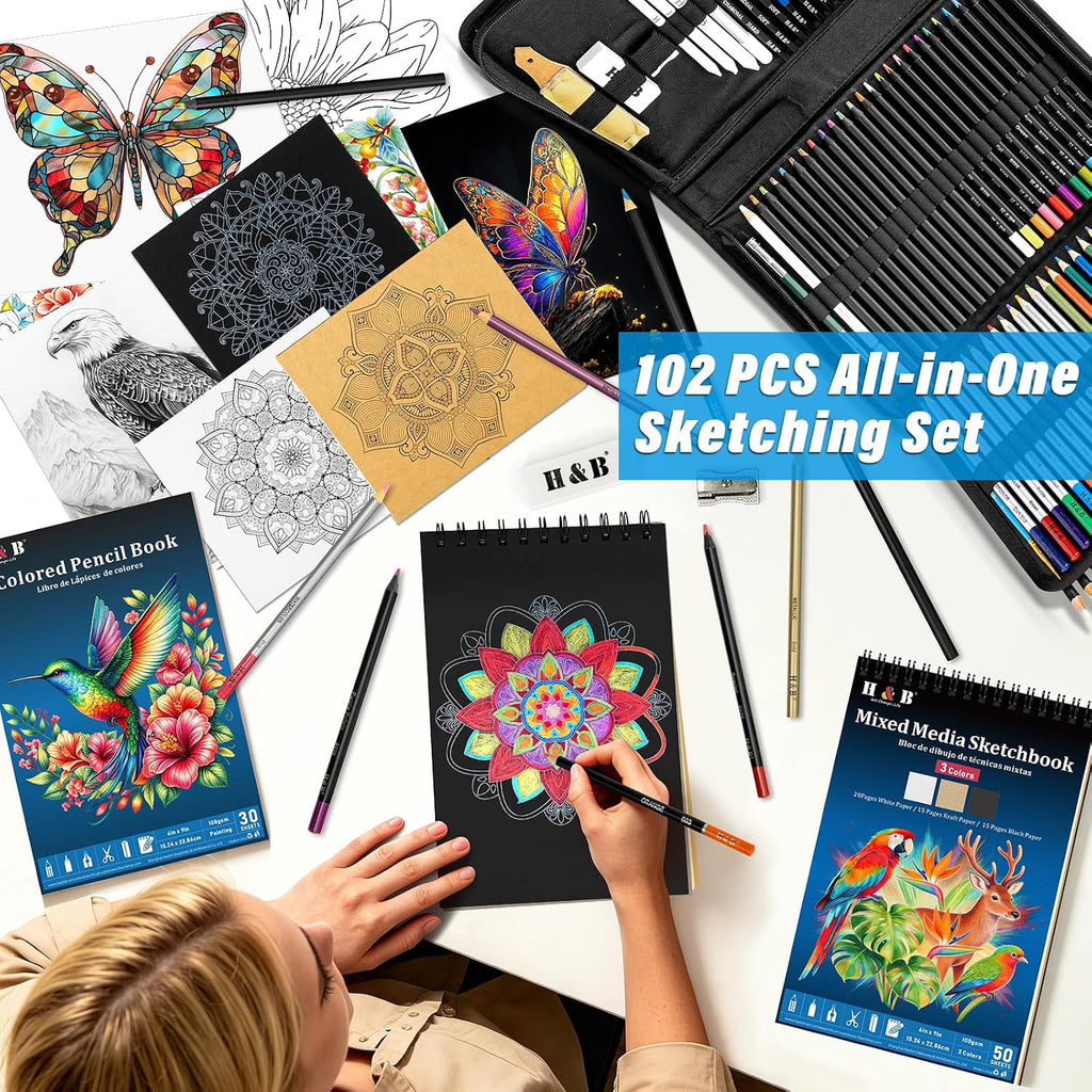 H & B Kit de boceto de 101 piezas para adultos con 3 libros y estuche con