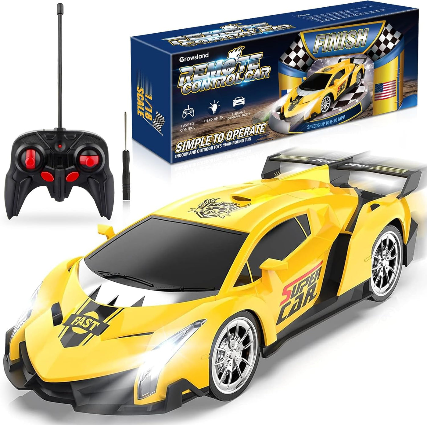 Growsland Coche de control remoto, autos RC para niños 1:18, auto e...