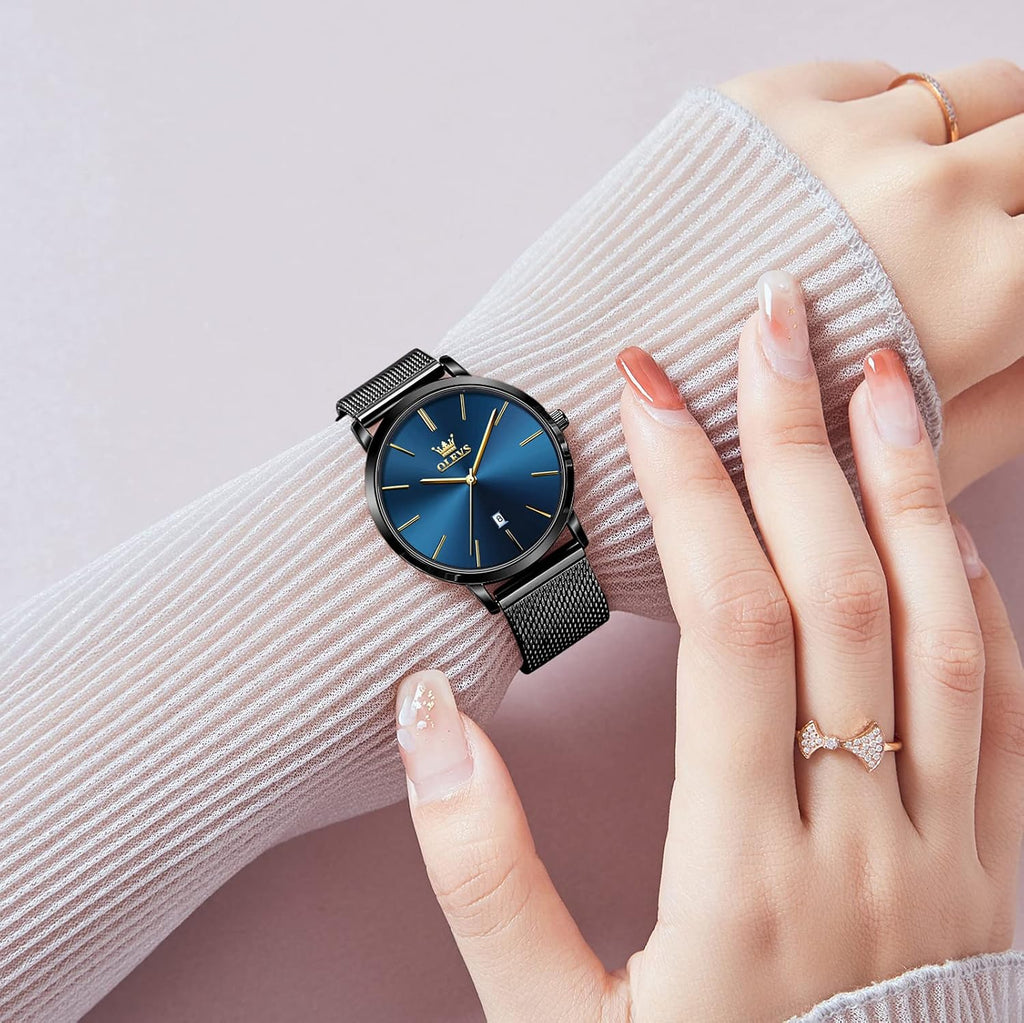OLEVS Reloj de pulsera de malla para mujer, elegante cara grande de tres manecillas analógicas de cuarzo, reloj de pulsera femenino elegante y delgado con pantalla de fecha impermeable, relojes para