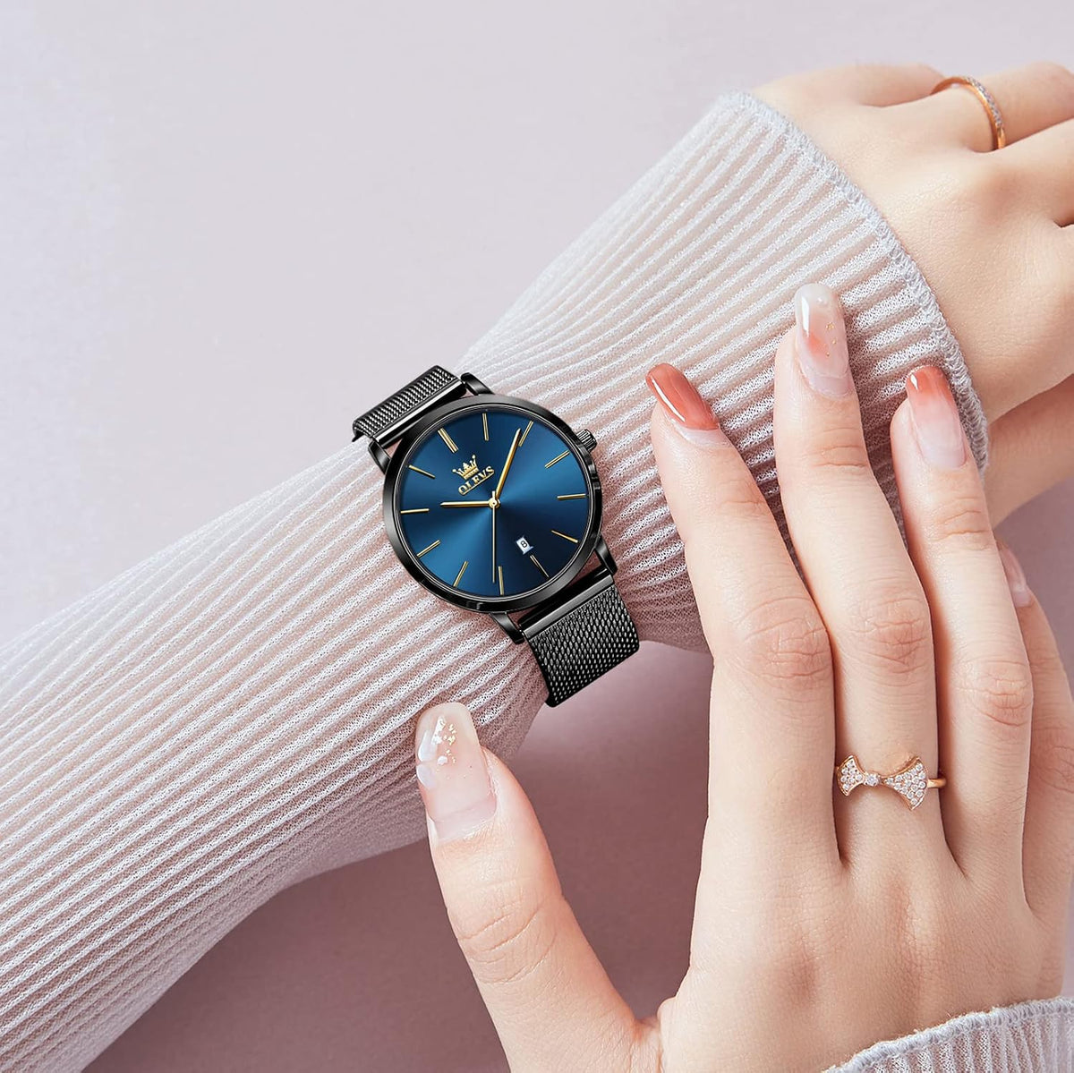 OLEVS Reloj de pulsera de malla para mujer, elegante cara grande de tres manecillas analógicas de cuarzo, reloj de pulsera femenino elegante y delgado con pantalla de fecha impermeable, relojes para