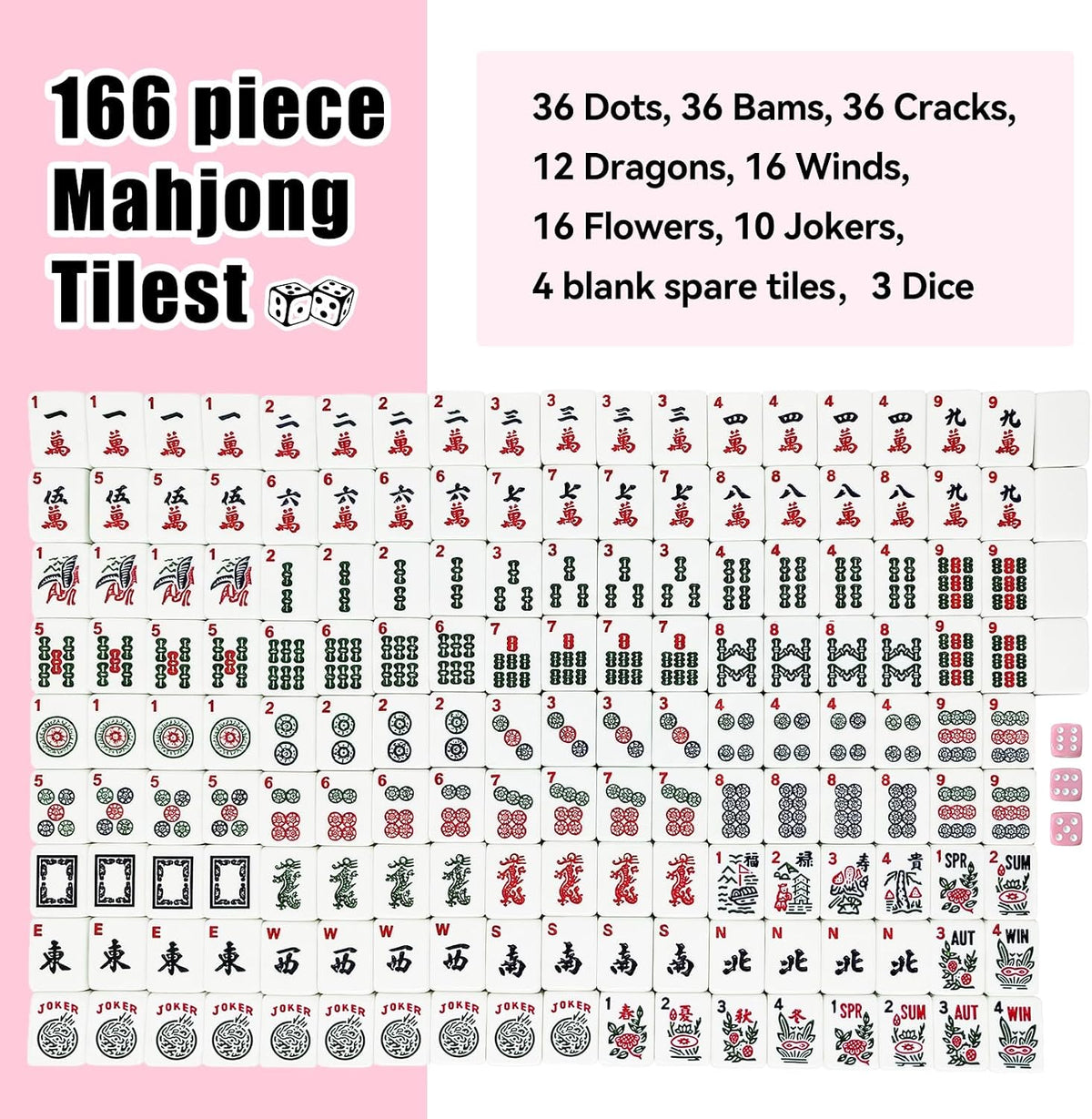 American Mahjong - Juego de azulejos Mahjong, 166 azulejos rosados