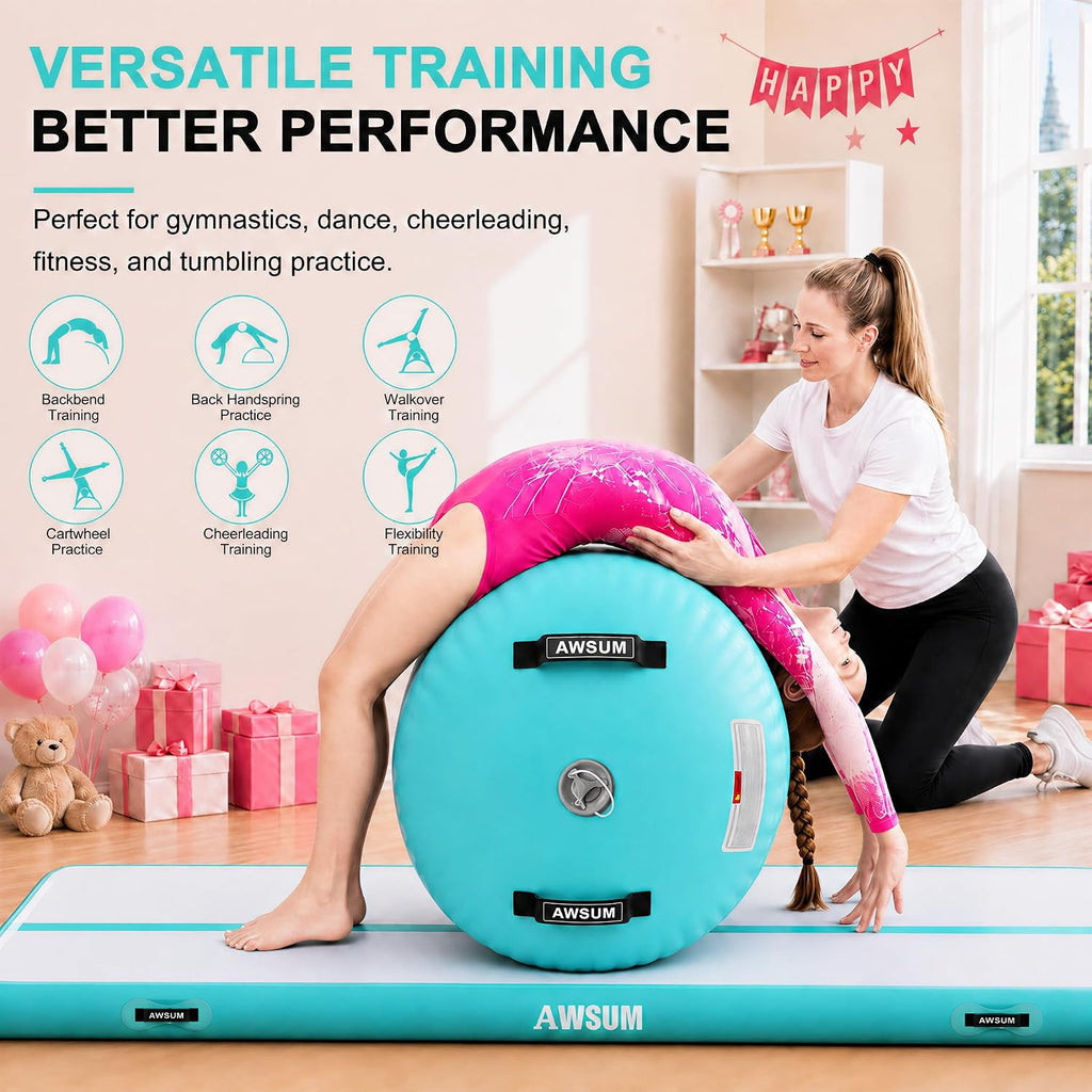 AWSUM Colchoneta de Gimnasia de 10 pies/13 pies con Rodillo de Aire Barril de Volteretas Entrenador de Salto Mortal hacia Atrás y Flexión hacia Atrás para Equipo de Trampolín de Gimnasia Inflable y