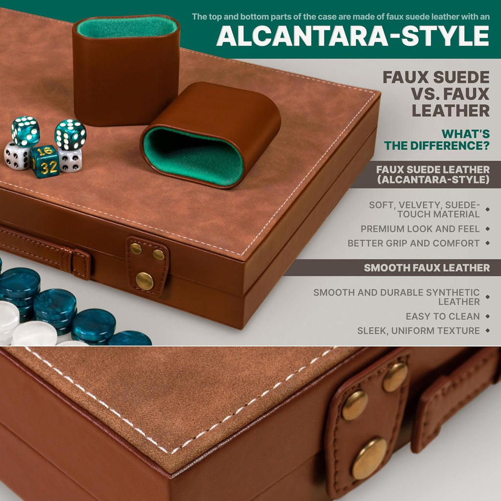 Backgammon - Juego de mesa para adultos de 15 pulgadas, juego de mesa de backgammon de piel sintética de alta calidad con 32 fichas, tazas de dados y cubo doble, juego de backgammon de viaje portátil
