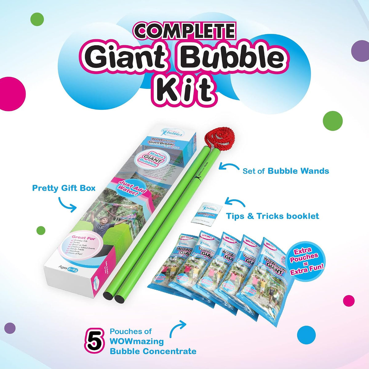 Kit de burbujas gigantes Plus – Burbujas grandes para niños con una varita de burbujas grande y mezcla de burbujas (produce 1.5 galones)