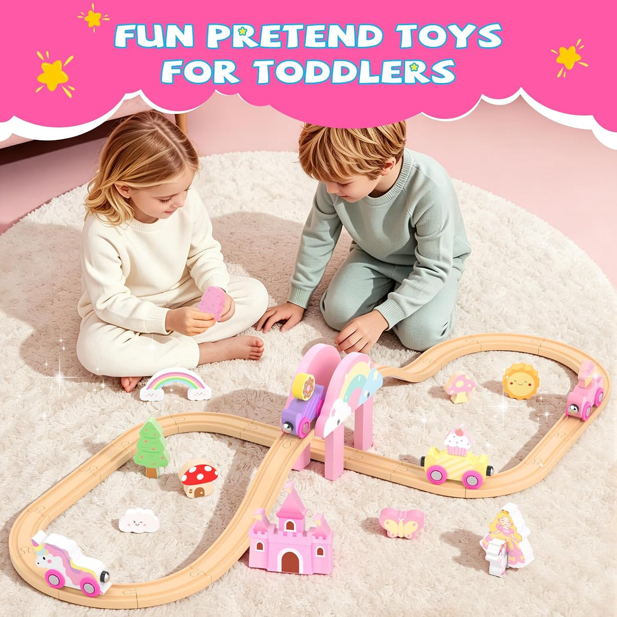 Juego de tren de madera para niños pequeños, regalos de cumpleaños de