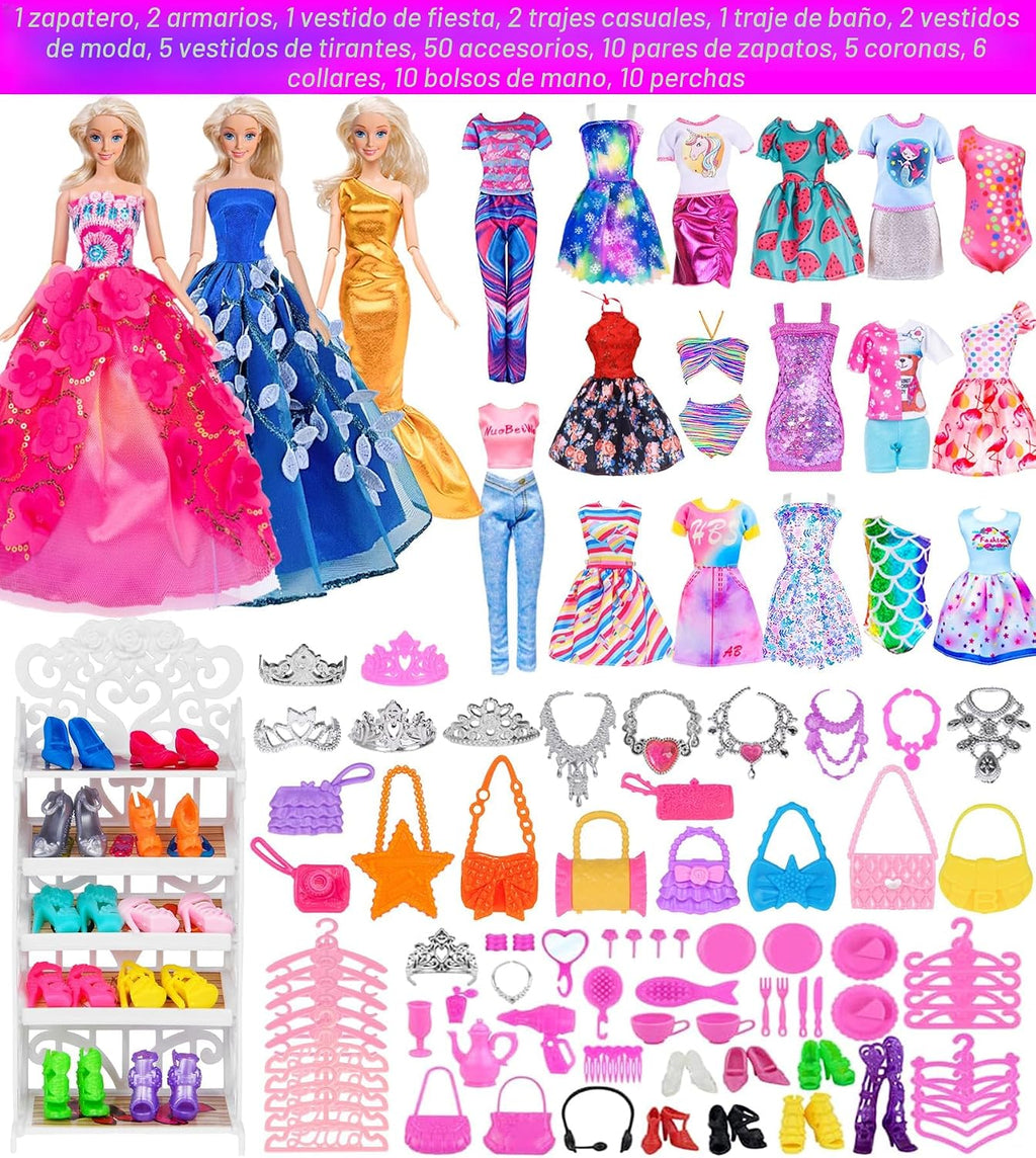ebuddy 105 Pcs Juego de Muñeca y Armario Plyaset - Set de Wardrobe que Incluye Una Muñeca, Armario, Riel para Zapatos, Vestido, Colgantes y Colgadores de Zapatos