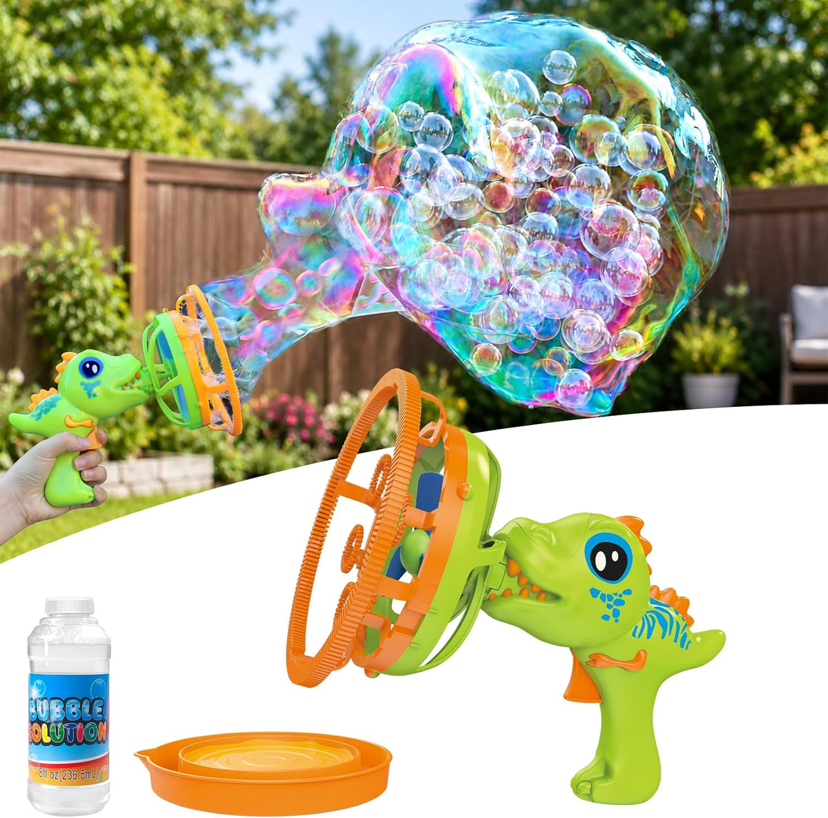 Pistola de burbujas dinosaurio para niños de 3 a 8 años, máquina sopladora de burbujas para exteriores