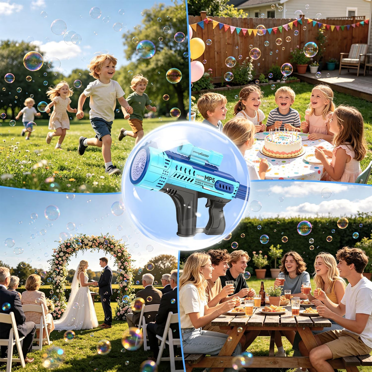 Pistola de burbujas, máquina de burbujas de 57 agujeros, juguetes para niños y niñas con luz colorida, verano al aire libre, fiesta de cumpleaños, regalos de Halloween, color azul